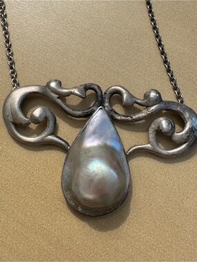 Art Nouveau Sterling Silver Choker Pendant with Baroque Pearl